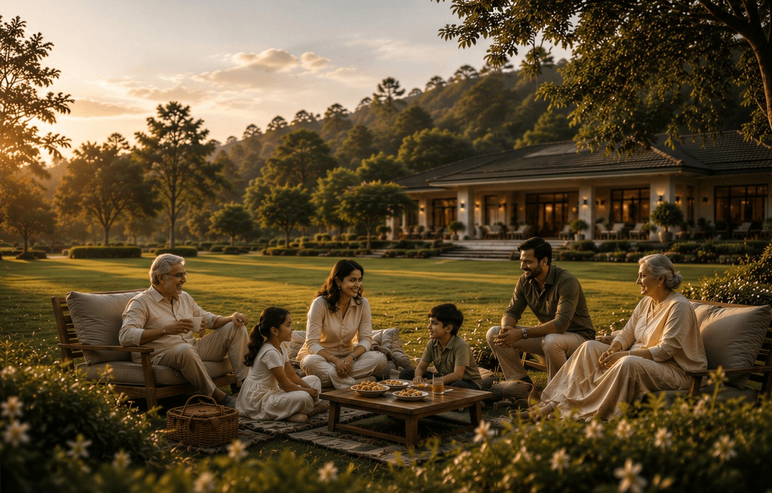 Family enjoying the estate at golden hour